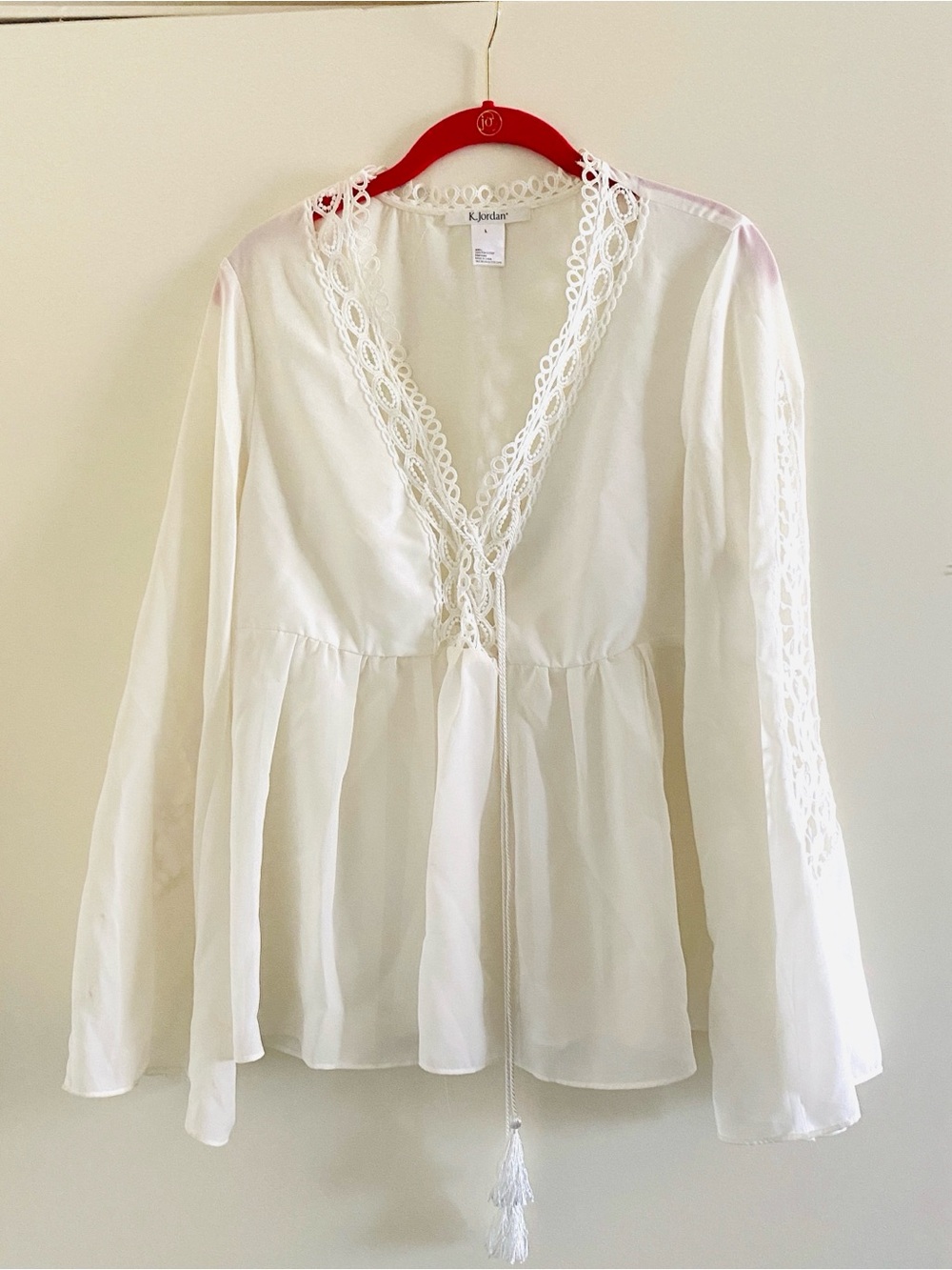 K Jordan Cream Lace-Trim Peasant Blouse with Tassel Tie